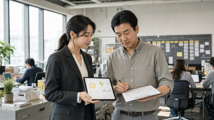 컨설턴트가 현장에서 결과를 함께 짚어 보는 모습