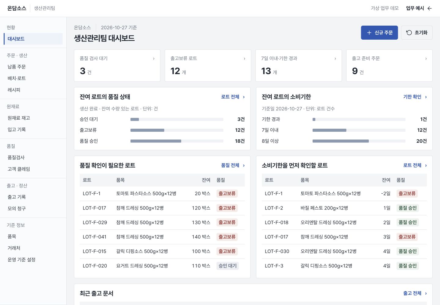 생산·소비기한 관리 (식품 · 생산 관리) 실제 화면